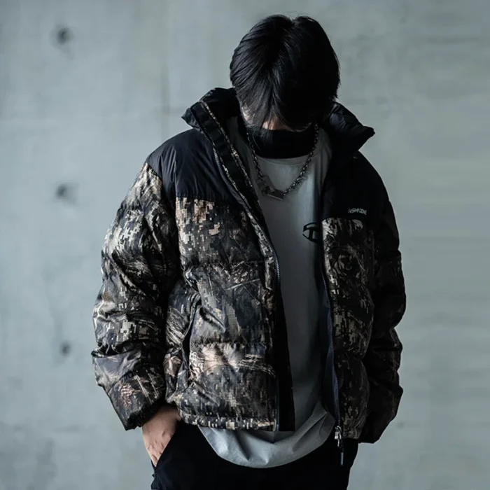 Esnahdower 21aw Full printed branch camouflage down jacket stand collar short thickened techwear aesthetic streetwear warcore