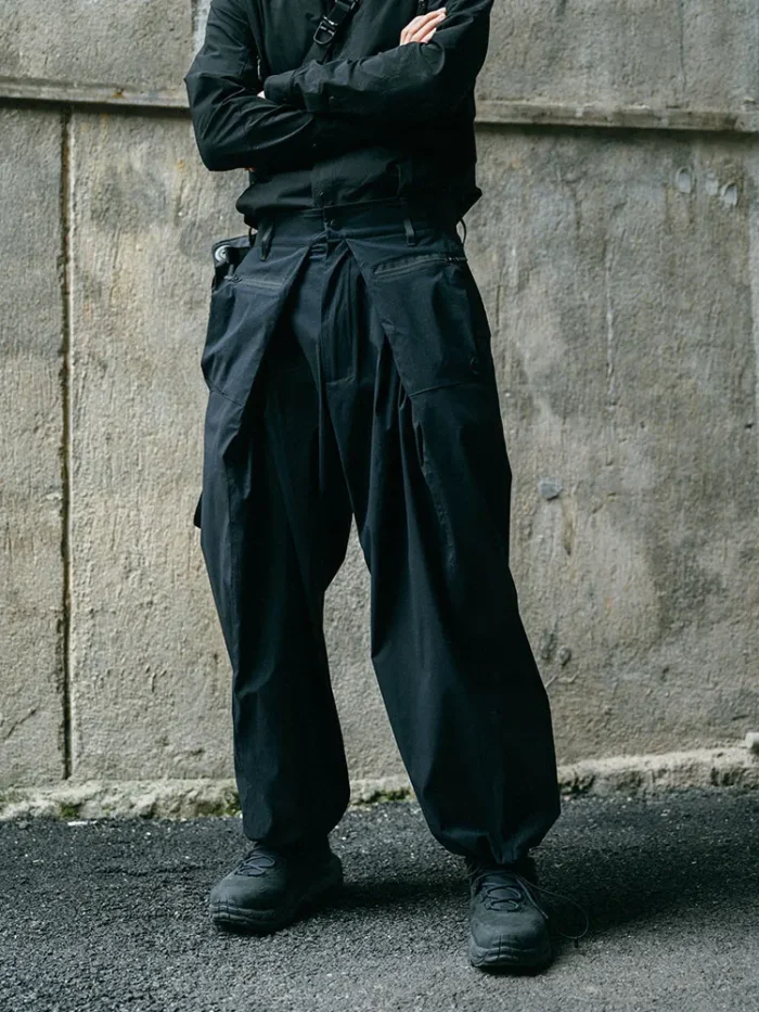 Nosucism 23ss Loose cut pleated trousers multishape pants adjustable cuff nylon material techwear japanese minimalist style