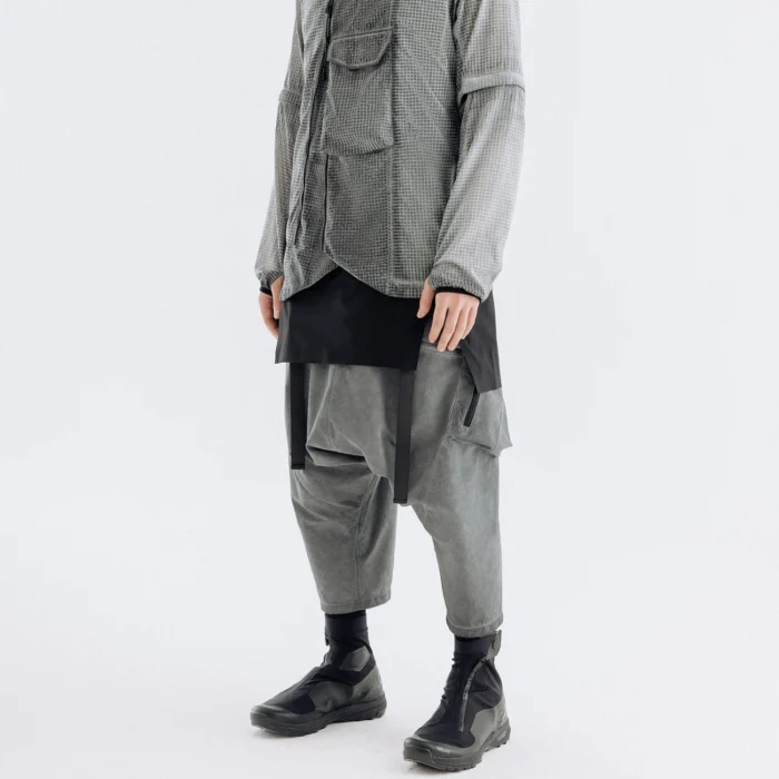 Nosucism samurai grey pants drop crotch 3d pockets ankle length techwear ninjawear darkwear japanese streetstyle