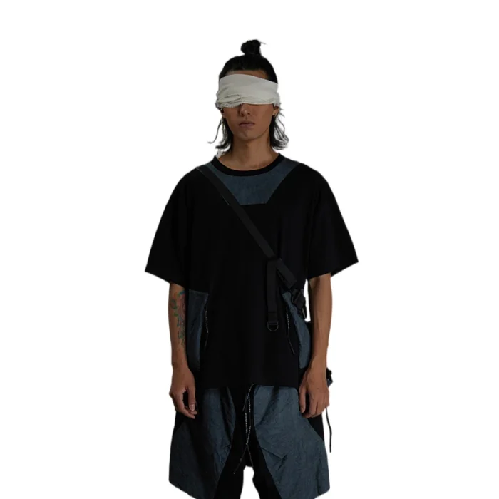 Pupil travel 21ss Back diagonal zipper t shirt spliced materials short sleeve oversized techwear punk streetwear 4