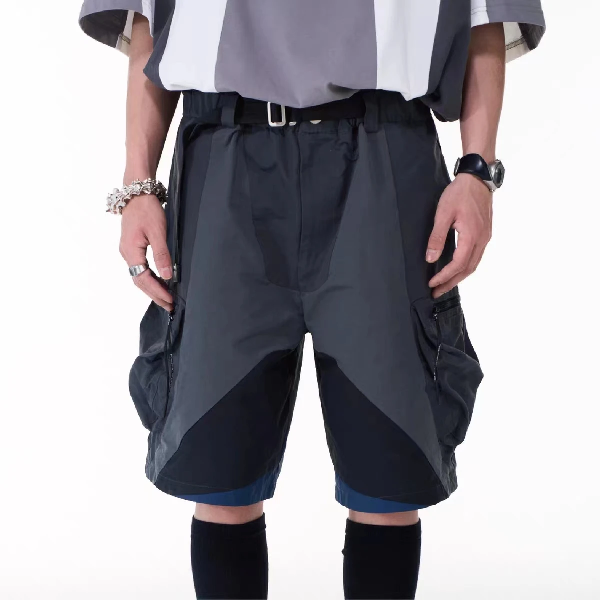 Pupil travel 23ss Color matching deconstructed shorts multiple pockets waist belt techwear aesthetic gorpcore