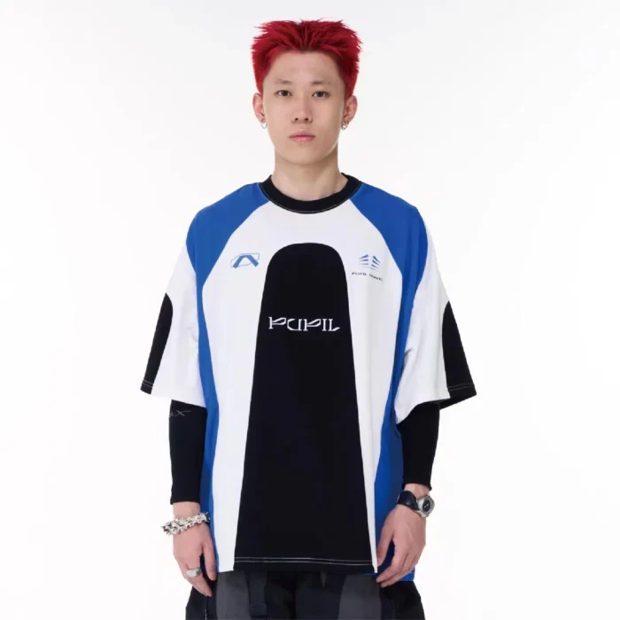 Pupil travel 23ss Color patchwork short sleeve jersey t shirt sports blokecore aesthetic