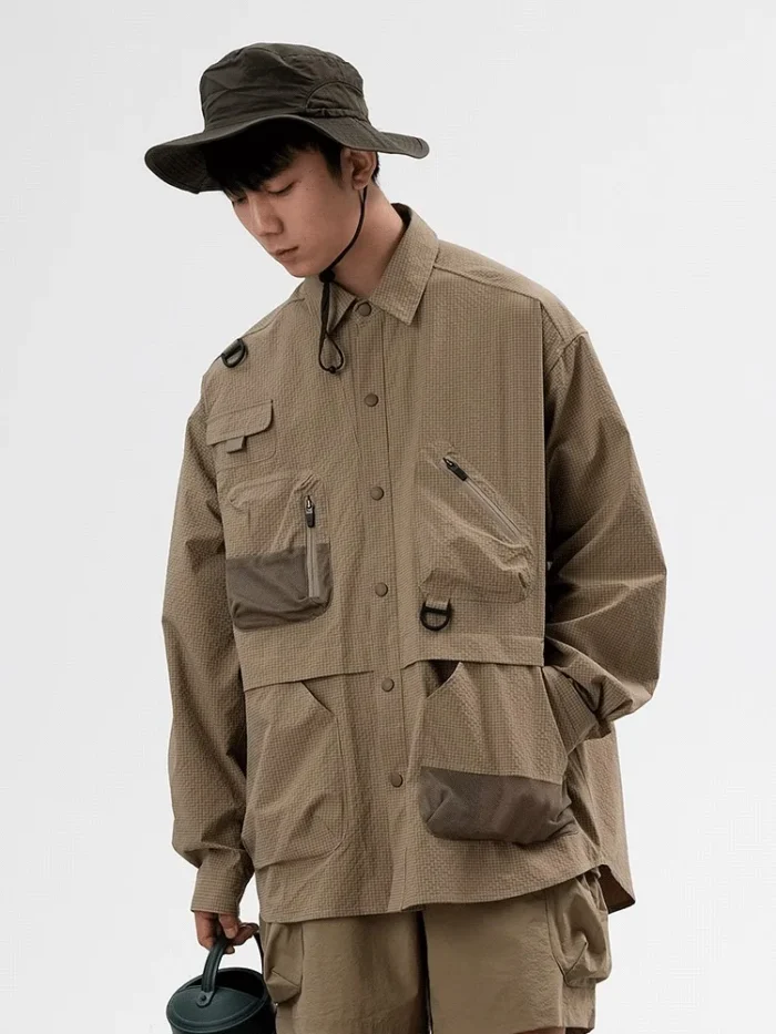 Halcyon 22aw Japaneese outdoor seersucker fishing shirt quick drying material D buckle ykk zipper techwear gorpcore