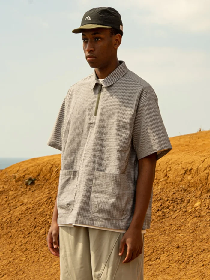 Halcyon 23ss Half zipper seersucker short sleeve shirt loose silhouette breathable outdoor aesthetic gorpcore