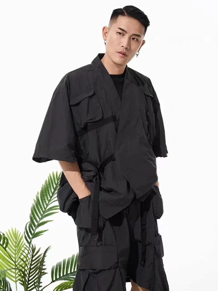 Subtraction of 23ss Multi pocket kimono short sleeve robe nylon material urban outdoor gorpcore aesthetic