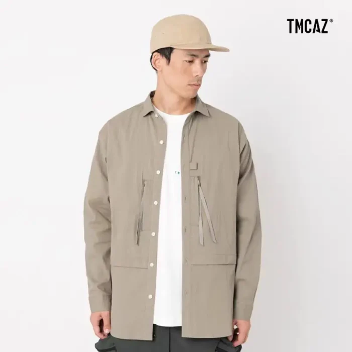 TMCAZ Wide Spread Collar Shirt loose fit textured cotton material front pockets urban outdoor gorpcore