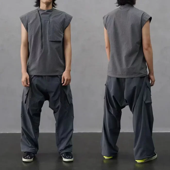 Nosucism 24ss Diagonal zippered chest pocket sleeveless dark gray tank top vest textured fabric techwear dystopian 1
