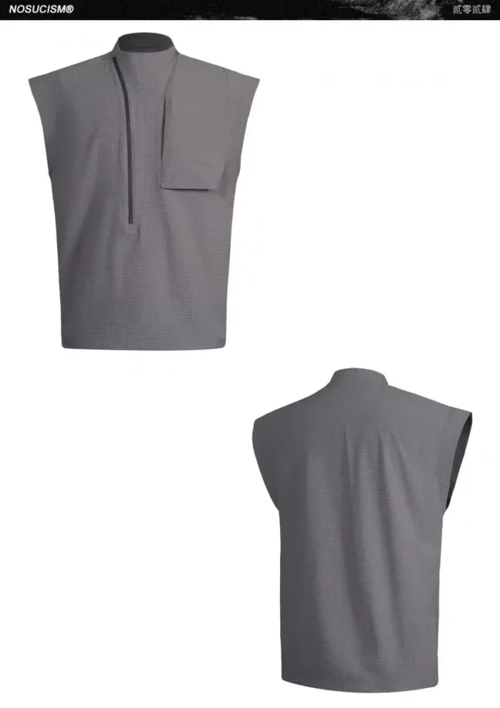 Nosucism 24ss Diagonal zippered chest pocket sleeveless dark gray tank top vest textured fabric techwear dystopian 3