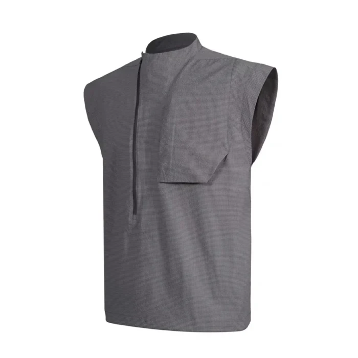 Nosucism 24ss Diagonal zippered chest pocket sleeveless dark gray tank top vest textured fabric techwear dystopian 4