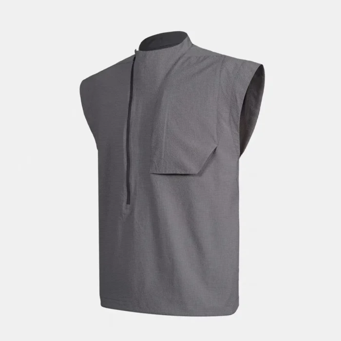Nosucism 24ss Diagonal zippered chest pocket sleeveless dark gray tank top vest textured fabric techwear dystopian