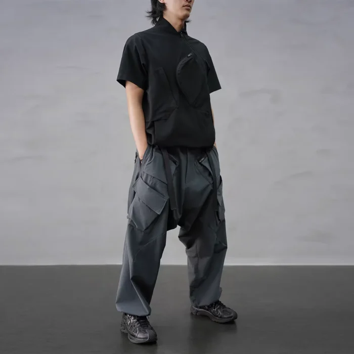 Nosucism 24ss Incline zipper short sleeve shirt textured sorona fabric centered chest pocket irregular collar techwear 1