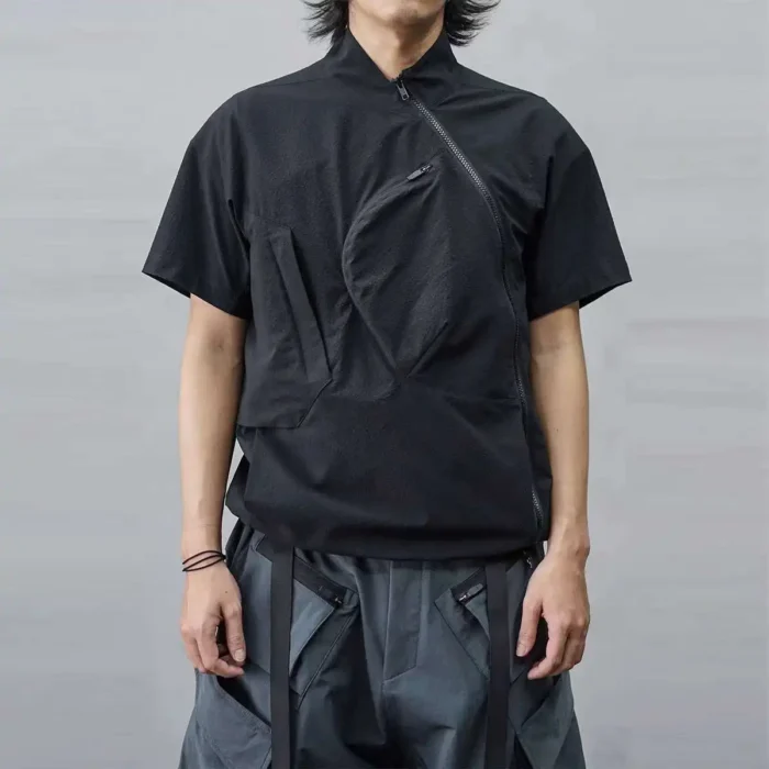 Nosucism 24ss Incline zipper short sleeve shirt textured sorona fabric centered chest pocket irregular collar techwear 2