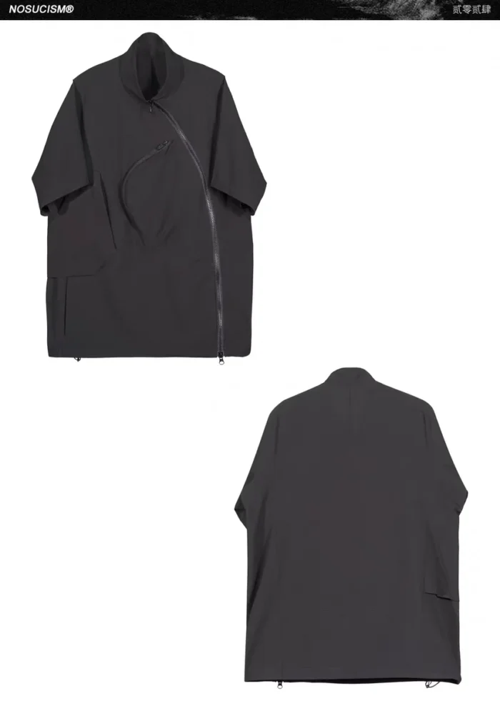 Nosucism 24ss Incline zipper short sleeve shirt textured sorona fabric centered chest pocket irregular collar techwear 3