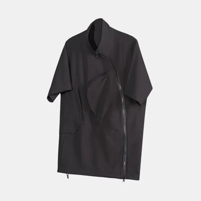 Nosucism 24ss Incline zipper short sleeve shirt textured sorona fabric centered chest pocket irregular collar techwear