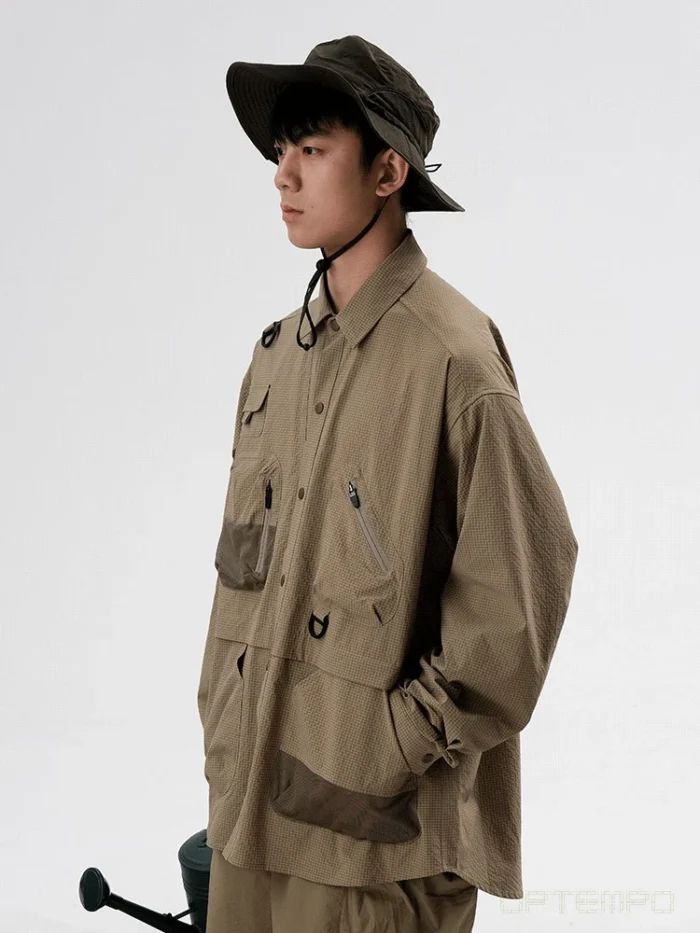 Halcyon 22aw Japaneese outdoor seersucker fishing shirt quick drying material D buckle ykk zipper techwear gorpcore 1